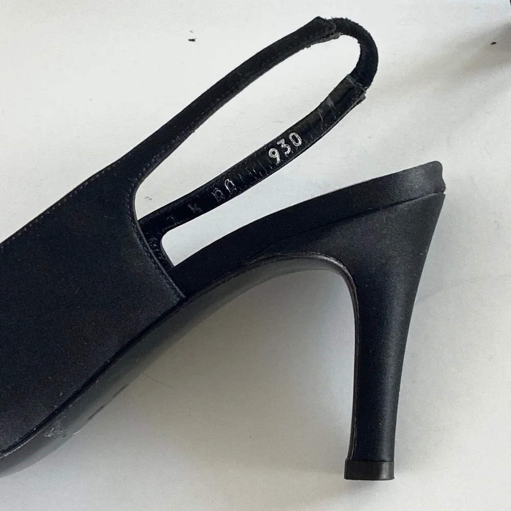 Cole Haan Evening Black Satin Slingback Pumps Pointed Toe Stiletto Heels 7.5 AA